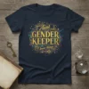 Gold text "Aunt Gender Keeper I Know Things" with decorative elements on a navy t-shirt