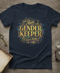 Gold text "Aunt Gender Keeper I Know Things" with decorative elements on a navy t-shirt