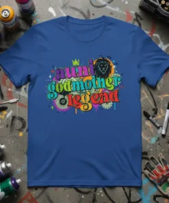 Aunt Godmother Legend colorful graffiti-style text design with a lion graphic and crown on a blue t-shirt