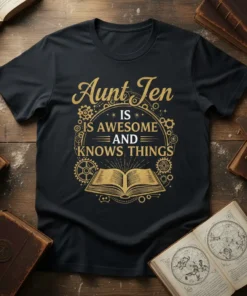 T-shirt with gold text "Aunt Jen Is Awesome and Knows Things" above an open book and gears graphic