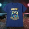 Aunt Level Unlocked gamer t-shirt with a colorful controller graphic. Features pixelated text and lightning bolt accents