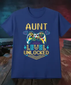 Aunt Level Unlocked gamer t-shirt with a colorful controller graphic. Features pixelated text and lightning bolt accents
