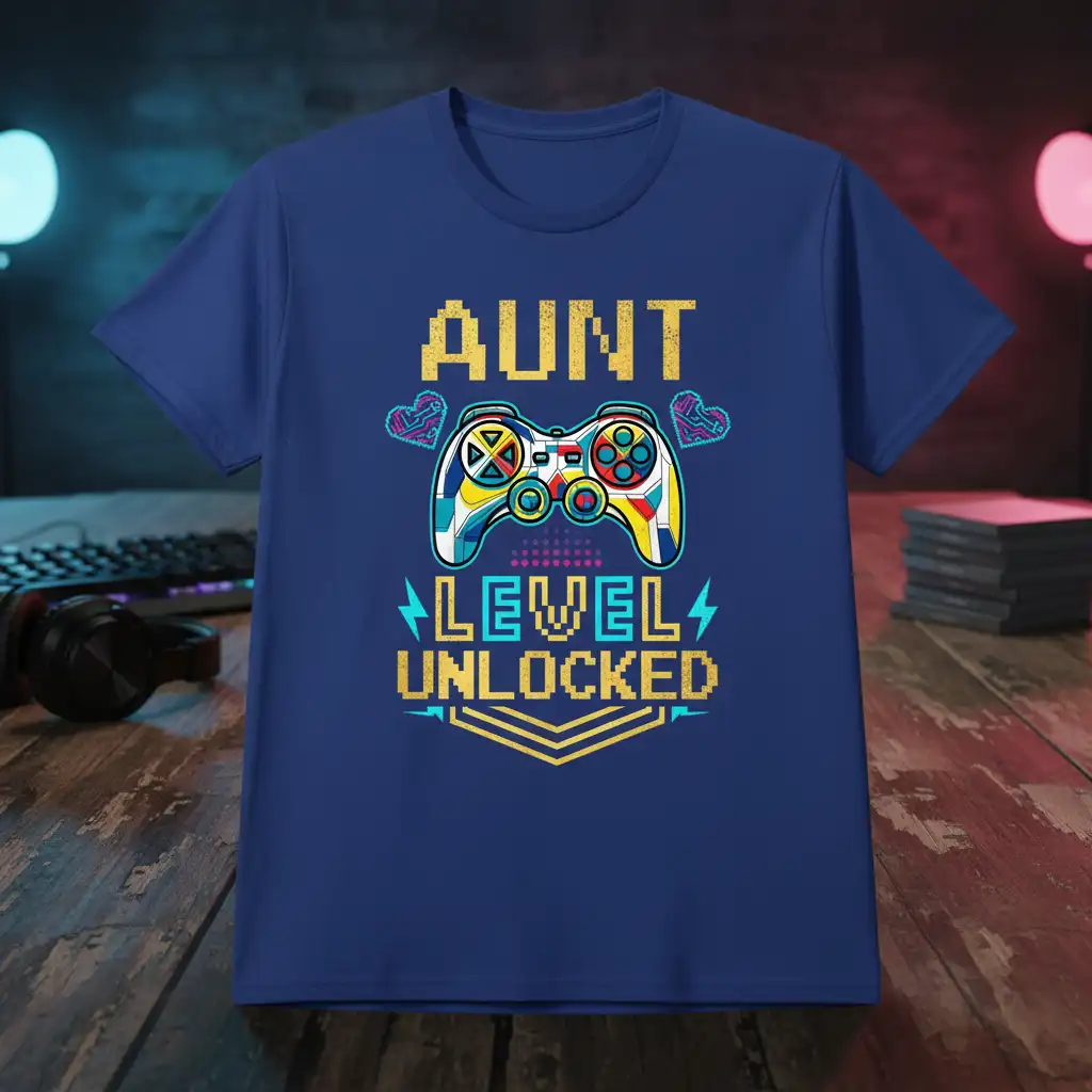 Aunt Level Unlocked gamer t-shirt with a retro video game controller and pixelated text design