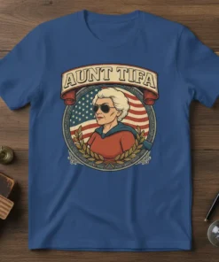 Aunt Tifa patriotic t-shirt design featuring a woman in sunglasses with an American flag and laurel wreath
