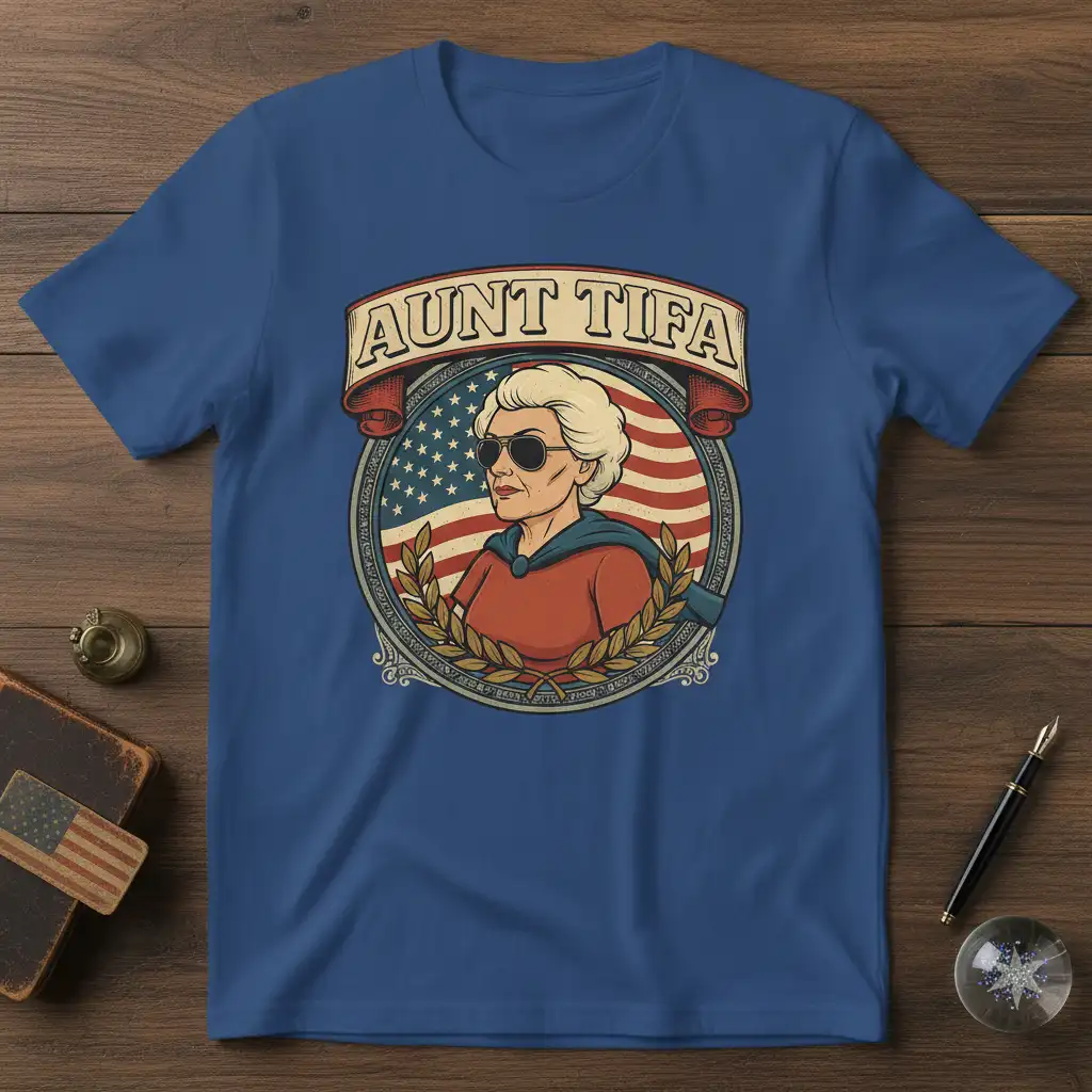 Aunt Tifa patriotic graphic tee with a woman in sunglasses, American flag, and laurel wreath emblem