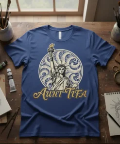 Aunt Tifa t-shirt design featuring the Statue of Liberty in a circular motif with ornate swirling patterns