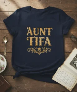 AUNT TIFA t-shirt with distressed golden typography and ornate scrollwork featuring a crown