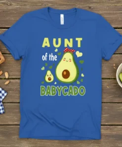 Aunt of the Babycado t-shirt design featuring two smiling avocados, one with a red bow, surrounded by green hearts