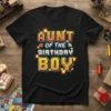 Aunt of the Birthday Boy text design with pixelated font, heart, and diamond graphics on a black t-shirt