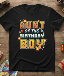 Aunt of the Birthday Boy text design with pixelated font, heart, and diamond graphics on a black t-shirt