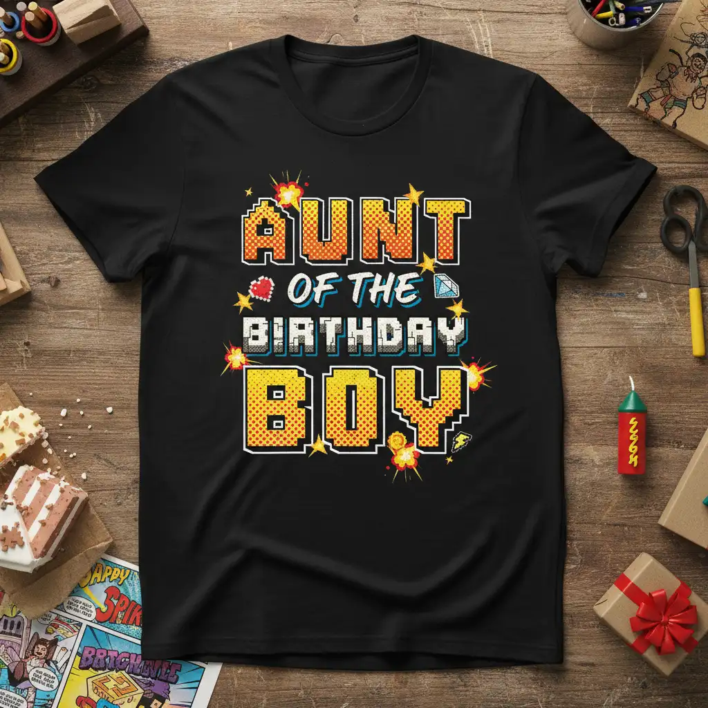 Aunt of the Birthday Boy text design in pixel art style with vibrant accents on a black t-shirt