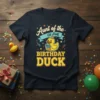 Aunt of the Birthday Duck t-shirt design featuring a cute cartoon duck in a party hat holding a gift