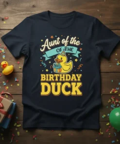 Aunt of the Birthday Duck t-shirt design featuring a cute cartoon duck in a party hat holding a gift