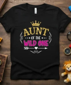 Black t-shirt with "AUNT OF THE WILD ONE" in gold and pink glitter text, topped with a gold crown graphic