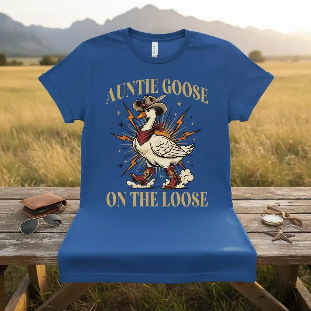 Auntie Goose On The Loose text with a cowboy goose graphic on a blue t-shirt