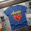 Royal blue t-shirt with the word "Auntie" in gold glitter script above a large, faceted ruby heart graphic