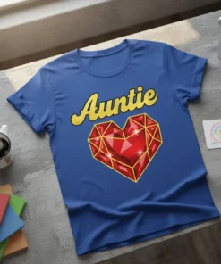 Royal blue t-shirt with the word "Auntie" in gold glitter script above a large, faceted ruby heart graphic