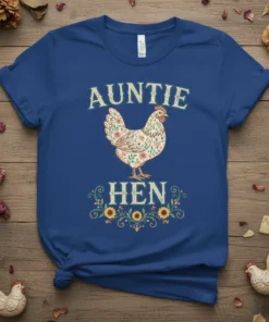 Auntie Hen t-shirt design with a floral chicken graphic and decorative border
