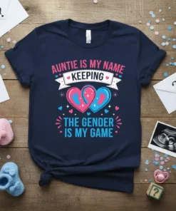 Auntie is my name keeping the gender is my game text and pink/blue hearts with baby footprints graphic on navy