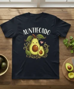 Auntiecado t-shirt with a cute avocado graphic and the text "Auntiecado" in white lettering