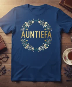 Auntiefa text in gold foil surrounded by a floral wreath on a navy blue t-shirt