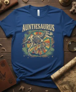 Auntiesaurus text above a dinosaur skeleton graphic with jungle leaves, on a blue t-shirt