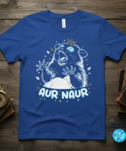 Aur Naur text with a frantic, crowned hamster graphic on a royal blue t-shirt