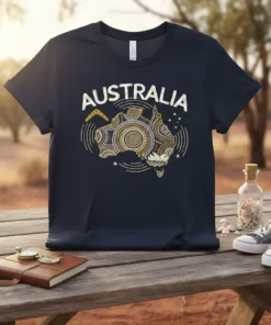 Australia Map Aboriginal Art eye-catching graphic design printed on comfortable cotton t-shirt