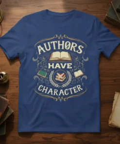 Authors Have Character quote with vintage books graphic on a blue t-shirt, perfect for writers and book lovers