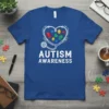 Autism Awareness t-shirt with a heart-shaped stethoscope filled with colorful puzzle pieces and the words AUTISM AWARENESS below