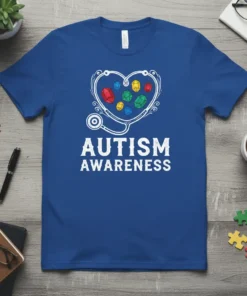 Autism Awareness t-shirt with a heart-shaped stethoscope filled with colorful puzzle pieces and the words AUTISM AWARENESS below