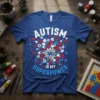 Autism Is My Superpower T-Shirt with puzzle pieces and gears in red, white, and blue