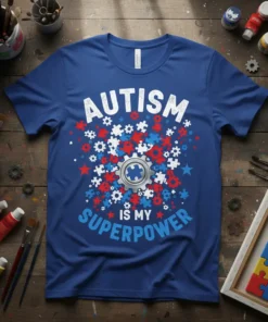 Autism Is My Superpower T-Shirt with puzzle pieces and gears in red, white, and blue