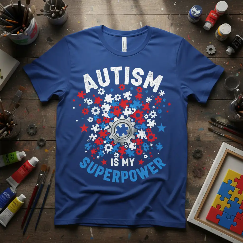Autism Is My Superpower text and puzzle piece graphics on a blue t-shirt