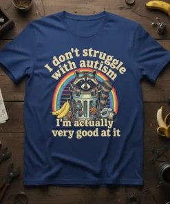 Autism quote "I don't struggle with autism I'm actually very good at it" on a blue t-shirt with a raccoon