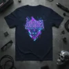 Autism Spectrum Of Chaos text and skull graphic in neon cyberpunk style on a dark t-shirt