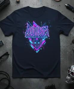 Autism Spectrum Of Chaos text and skull graphic in neon cyberpunk style on a dark t-shirt