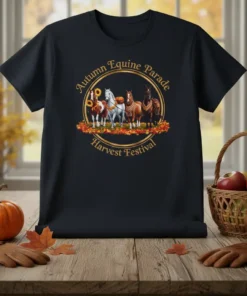 Autumn Equine Parade Harvest Festival text with four horses and fall leaves graphic on a black t-shirt