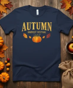 Navy t-shirt with "AUTUMN HARVEST FESTIVAL" text and a pumpkin graphic, surrounded by autumn leaves