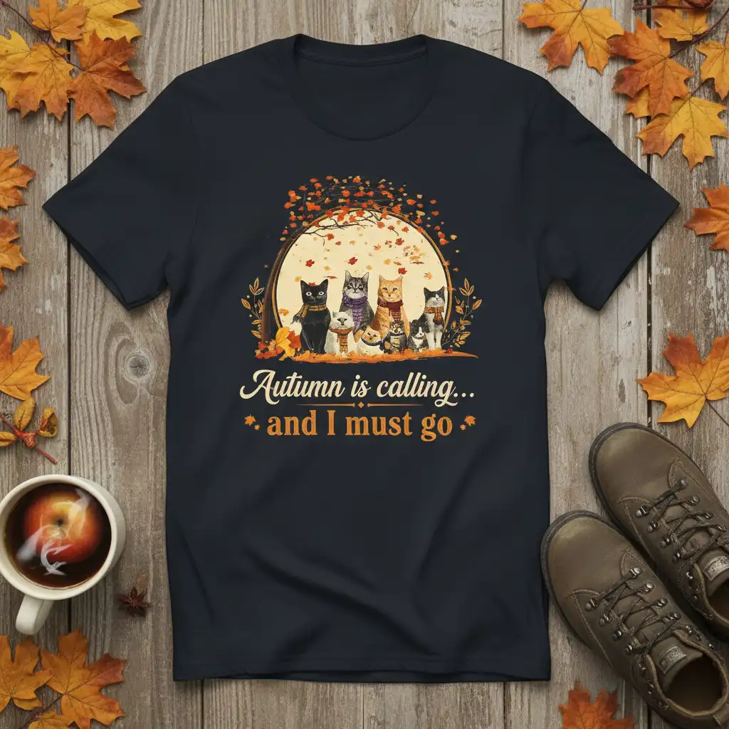 Autumn is calling... and I must go quote with a group of cute cats illustration on a dark t-shirt, fall theme