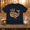 Autumn Whale Design T-Shirt featuring a whale made of pumpkins and fall leaves in a dark heather color