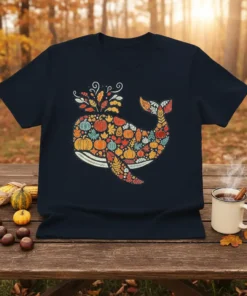 Autumn Whale Design T-Shirt featuring a whale made of pumpkins and fall leaves in a dark heather color