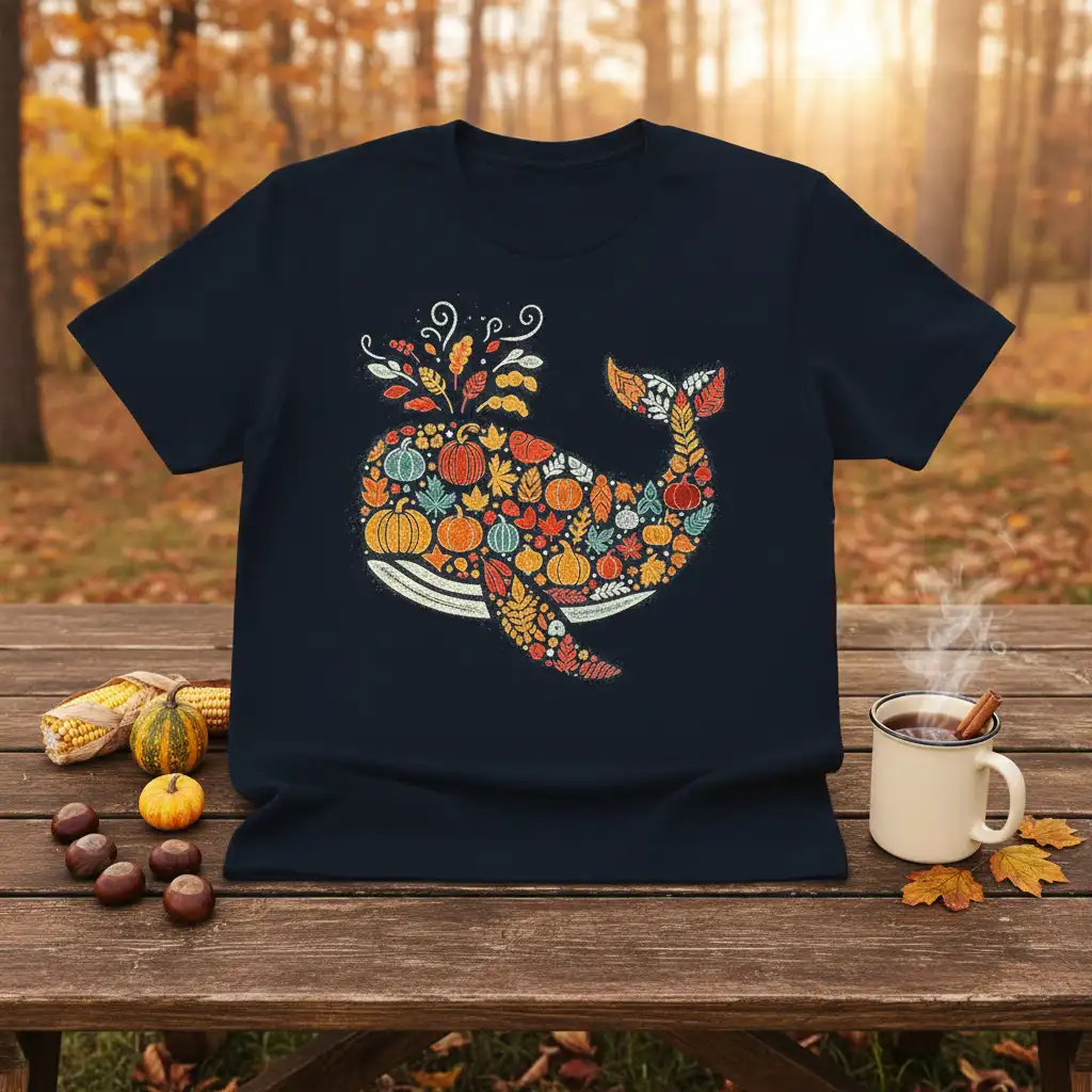 Whale graphic composed of pumpkins and fall leaves, perfect for an Autumn Whale Design shirt