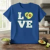 Avocado Love T-Shirt with white distressed lettering and avocado halves forming the 'O'