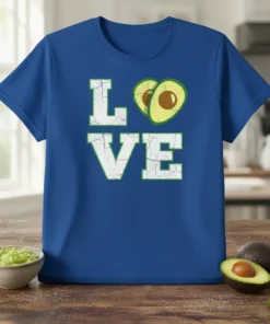 Avocado Love T-Shirt with white distressed lettering and avocado halves forming the 'O'