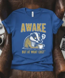 Awake But At What Cost t-shirt design featuring a grumpy badger holding a coffee cup and the quote in bold