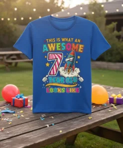 This is What An Awesome 7 Year Old Looks Like text with a rocket graphic on a blue t-shirt, celebrating