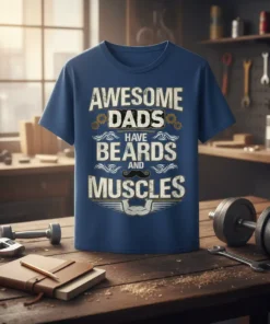Awesome Dads Have Beards and Muscles text design with beard and muscle graphics on a blue t-shirt