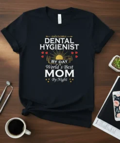 Awesome Dental Hygienist By Day World's Best Mom By Night quote on a black t-shirt with sun graphic and hearts