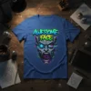 Awesome Face graffiti text above a detailed cyberpunk robotic face design on a blue t-shirt
